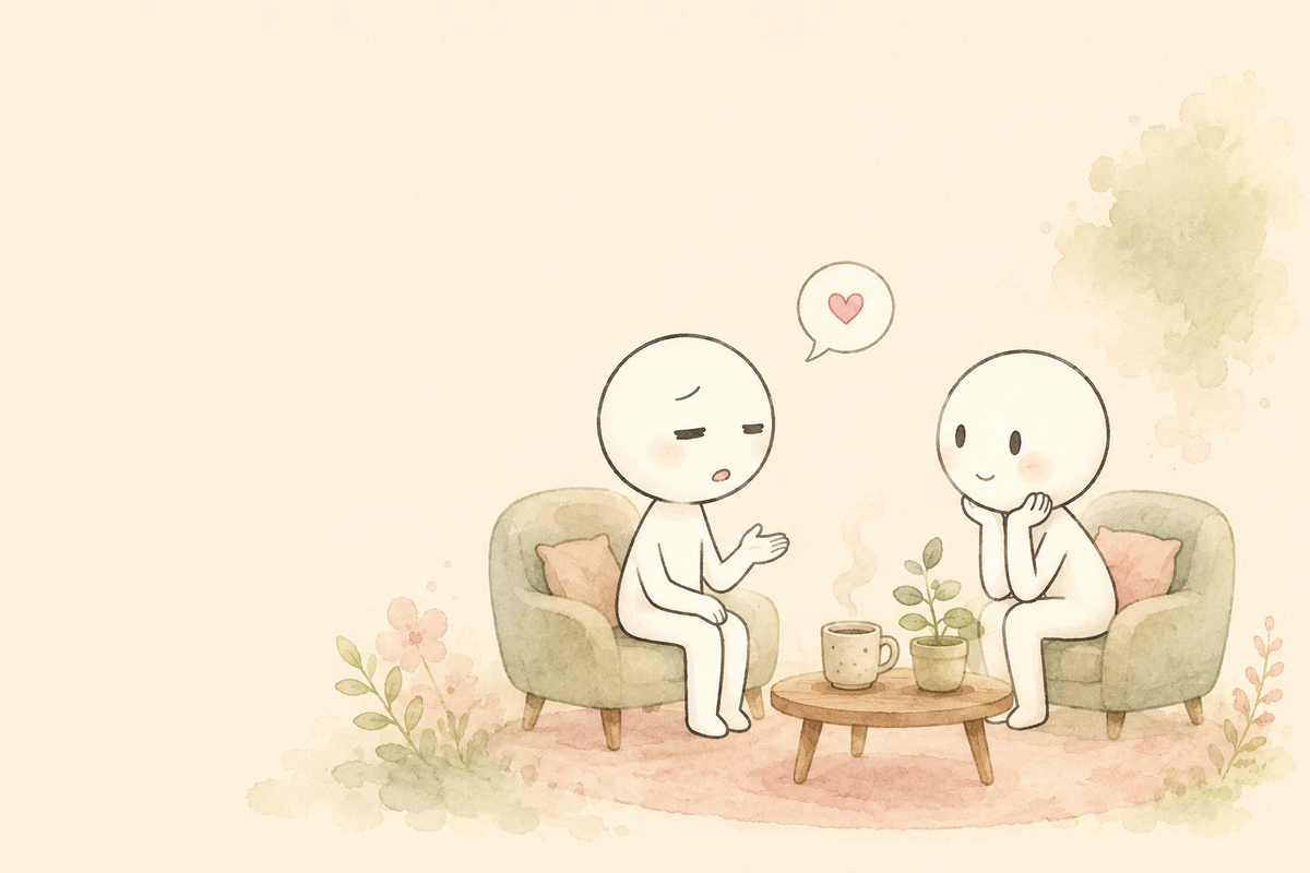 ソファに座って話す人と、あたたかく耳を傾ける人の水彩イラスト
