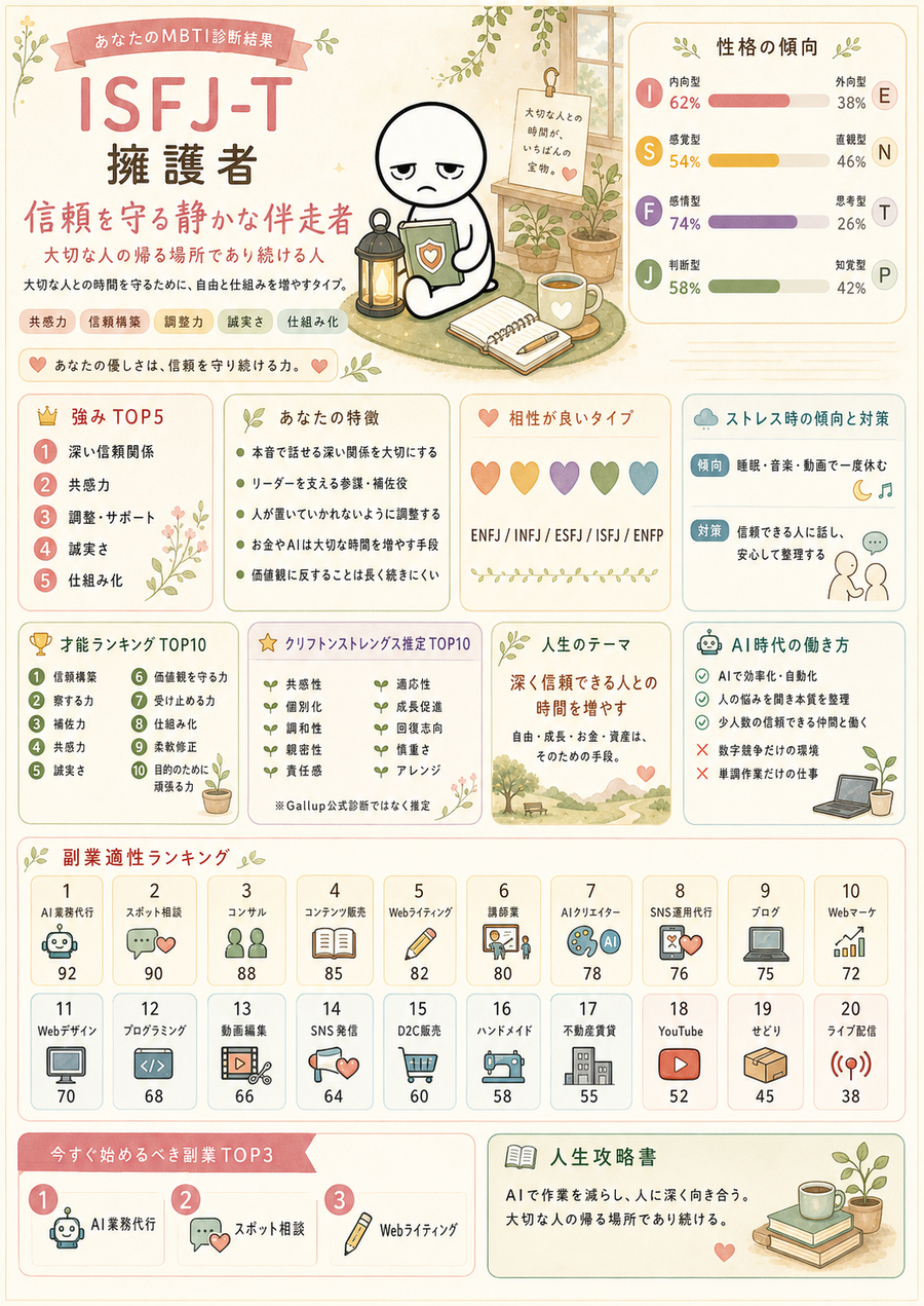 ISFJ-T（擁護者）のMBTI診断結果インフォグラフィック